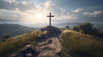 kruis kruisiging van Jezus - houten kruis Bij zonsondergang lucht achtergrond. kruisiging en opstanding concept. generatief ai foto