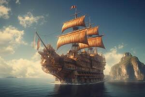 3d illustratie futuristische van een piraat schip het zeilen Aan de lucht. generatief ai. foto
