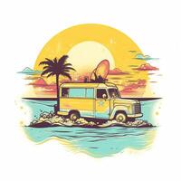 vintage, retro surfen busje met handpalmen, zon en een meeuw. hand getekend t-shirt grafiek, afdrukken. vector illustratie. generatief ai. foto