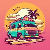 vintage, retro surfen busje met handpalmen, zon en een meeuw. hand getekend t-shirt grafiek, afdrukken. vector illustratie. generatief ai. foto