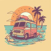 vintage, retro surfen busje met handpalmen, zon en een meeuw. hand getekend t-shirt grafiek, afdrukken. vector illustratie. generatief ai. foto