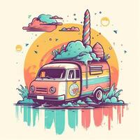 vintage, retro surfen busje met handpalmen, zon en een meeuw. hand getekend t-shirt grafiek, afdrukken. vector illustratie. generatief ai. foto