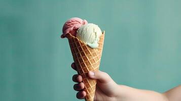 Holding wafel ijshoorntje met smakelijk vanille ijs room Aan kleur achtergrond. generatief ai. foto