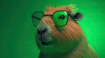 single capibara met zonnebril Aan helder groen achtergrond de hoofd op zoek elegant en koel. generatief ai. foto