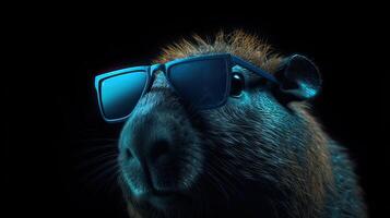 single capibara met zonnebril Aan zwart achtergrond de hoofd op zoek elegant en koel. generatief ai. foto
