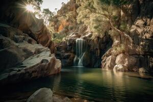 Super goed visie Aan waterval met kleurrijk lucht gedurende zonsondergang. geweldig natuur landschap. reizen is een levensstijl, concept. IJsland populair plaats van reizen en toeristisch plaats. generatief ai. foto