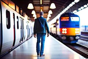 achterkant van onherkenbaar passagier wandelen in trein station, generatief ai foto