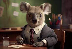 portret van een antropomorf koala gekleed net zo een schooljongen in een klas. genereren ai. foto