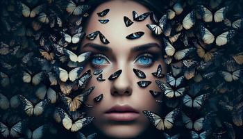 vrouw gezicht plakken uit in de midden- van een vol groep van vlinders. genereren ai. foto