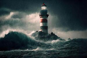 vuurtoren en stormachtig zee. generatief ai foto