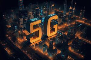 generatief ai illustratie van futuristische stad Bij nacht, 5g internet netwerk draadloze systemen en internet van dingen, slim stad en communicatie netwerk concept. foto