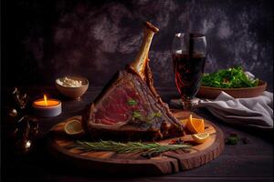generatief ai illustratie van vers gegrild tomahawk steaks Aan houten snijdend bord, prachtig heerlijk tomahawk steak, barbecue foto