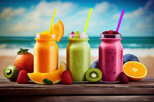 generatief ai illustratie van smoothies en sappen gemaakt van een verscheidenheid van vers fruit van de tropen. schoon aan het eten, een gezond eetpatroon, en vitamine doordrenkt dranken zijn concepten, wazig achtergrond foto