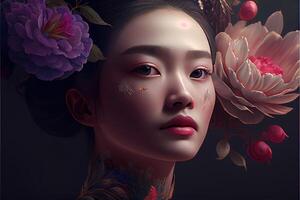 generatief ai illustratie van Aziatisch vrouw met bloemen concept kunst. Chinese digitaal kunst, stijl foto