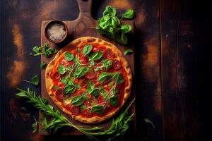 generatief ai illustratie van eigengemaakt pizza met tomaat en olijven Aan houten pizza bord, top visie, vlak leggen. donker steen achtergrond foto