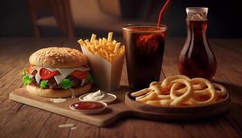 snel voedsel en ongezond aan het eten concept - dichtbij omhoog van snel voedsel snacks en cola drinken Aan houten tafel. generatief ai foto