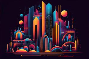 generatief ai illustratie van toekomst stad, surrealistische neon fantasie abstract in infographic stijl. neurale netwerk gegenereerd kunst. digitaal gegenereerd afbeelding. niet gebaseerd Aan ieder feitelijk tafereel of patroon foto