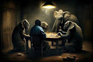 generatief ai illustratie van Afrikaanse olifanten spelen poker in een rokerig kamer, de olifant poker spel foto