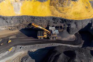 generatief ai illustratie van een antenne panorama van een antraciet steenkool de mijne, presentatie van een groot geel mijnbouw vrachtauto verzamelen rotsen in een Open pit de mijne foto