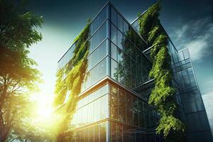 generatief ai illustratie van eco vriendelijk bouw in een hedendaags metropolis. een duurzame glas gebouw met groen boom takken en bladeren voor verlagen warmte en koolstof dioxide. foto
