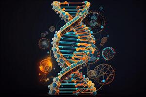 generatief ai illustratie van dna molecuul samenstelling. dubbele schroef van dna. menselijk genoom cel genetisch biotechnologie studie. genetisch bouwkunde Onderzoek en analyse in wetenschap laboratoria foto