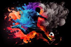 generatief ai illustratie van de essence van een voetbal speler in beweging net zo ze trap een bal met intens energie, omringd door levendig kleuren en spatten foto