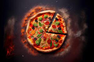 generatief ai illustratie van eigengemaakt pizza met tomaat en olijven Aan donker steen achtergrond foto
