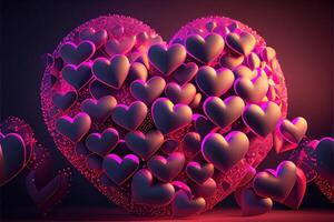 generatief ai illustratie van veel gloeiend harten - roze achtergrond voor valentijnsdag dag, liefde hart. neurale netwerk gegenereerd kunst. digitaal gegenereerd beeld foto
