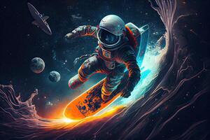 generatief ai illustratie van een ruimte ontdekkingsreiziger rijden een raket-aangedreven surfboard door een asteroïde veld, in een digitaal kunst stijl met een galactisch kleur palet foto
