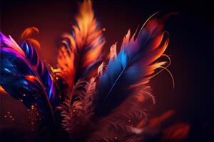 generatief ai illustratie van mooi kleurrijk achtergrond van vuurvogel veren. abstract achtergrond, wazig bokeh, veerkracht. foto