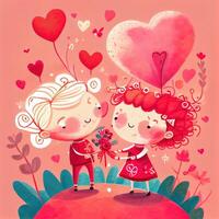 generatief ai illustratie van een aanbiddelijk en vertederend tekenfilm karakter voor Valentijnsdag dag, liefde, harten, bloemen, romantiek, Vrolijk, vrolijk, blij, plezier, speels, luchthartig, zoet foto
