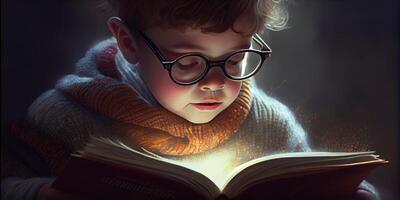 generatief ai illustratie van intelligent schattig jongen in bril lezing een boek, volumn licht foto