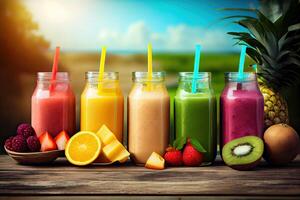 generatief ai illustratie van smoothies en sappen gemaakt van een verscheidenheid van vers fruit van de tropen. schoon aan het eten, een gezond eetpatroon, en vitamine doordrenkt dranken zijn concepten, wazig achtergrond foto