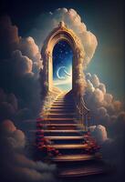 generatief ai illustratie van een verbijsterend trappenhuis dat Leidt omhoog naar een hemels rijk. de trap zijn verlichte met een zacht, etherisch licht, een nevelig, magisch nevel foto
