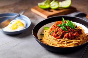 spaghetti Aan de schotel met ai gegenereerd foto