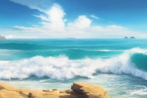 zeegezicht met surfen golven tegen een blauw zonnig lucht met ai gegenereerd. foto