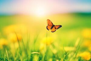 natuurlijk zomer met gras en een fladderend vlinder met ai gegenereerd. foto
