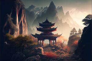 generatief ai illustratie van fantasie achtergrond met mysterieus oude Chinese tempel in bergen. digitaal kunstwerk. Chinese stijl. gaming en kunst concept. foto