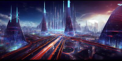 generatief ai illustratie van fantasie futuristische stad met snelwegen en wolkenkrabbers, cyber stad foto