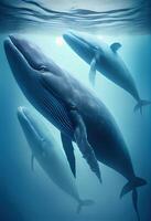 generatief ai illustratie van familie blauw walvis onder water, oceaan foto