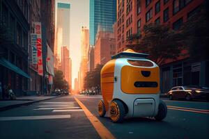 generatief ai illustratie van de toekomst van levering technologie met autonoom koerier robots in bruisend stedelijk landschappen, een levering robot net zo goed net zo autonoom levering auto's gemaakt door een bedrijf foto
