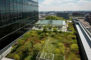 generatief ai illustratie van prachtig tuin Aan de op het dak van een hedendaags glas kantoor gebouw in Azië foto