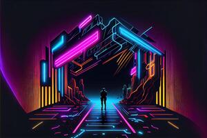 generatief ai illustratie van gaming achtergrond, abstract cyberpunk stijl van gamer behang, neon gloed licht van scifi fluorescerend stokken. digitaal gegenereerd beeld foto