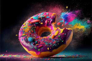 generatief ai illustratie van trippy donut collage gedetailleerd levendig kleuren, spatten, reusachtig glinsterend donut , drijvend in vrij ruimte, pastel terug druppel. digitaal gegenereerd beeld foto