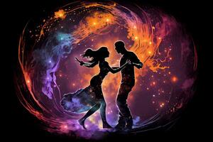 generatief ai illustratie van een betoverend beeld van twee geliefden dansen in een magisch ruimte achtergrond foto