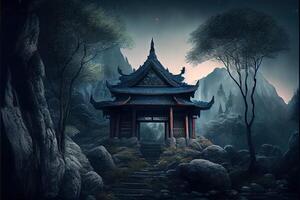 generatief ai illustratie van fantasie achtergrond met mysterieus oude Chinese tempel in bergen. digitaal kunstwerk. Chinese stijl. gaming en kunst concept. foto