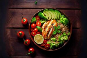 generatief ai illustratie van gezond salade kom met quinoa, tomaten, kip, avocado, limoen en gemengd groenen, sla, peterselie Aan houten achtergrond top visie. voedsel en Gezondheid. foto