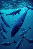 generatief ai illustratie van ondiepten van blauw walvissen onder water, oceaan foto