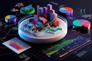 generatief ai illustratie van crypto markt gegevens, grafiek, silhouet crypto valuta markt, isometrisch, kleurrijk helling achtergrond foto