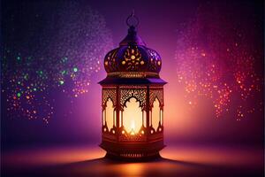 generatief ai illustratie van moslim heilig maand Ramadan kareem Arabisch lantaarn met bokeh, neon licht en lantaarn weergegeven Aan stadia met gloeiend licht in de avond. behang en banier achtergrond. foto